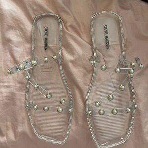 Steve Madden Clear Sandals with Pearl Accents and Rhinestones Nonii Jelly Flat